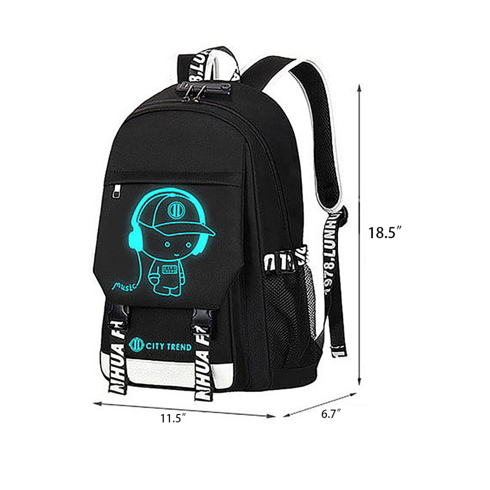 Ficcug Luminous School Bags Backpacks,16" Laptop Backpack,Shoulder Student Travel Bookbags for Boys Girls Women Men Teens,Black
