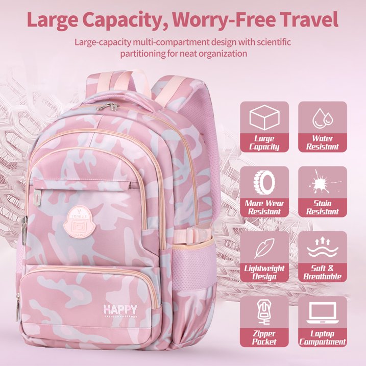 Ficcug Girls School Backpacks,Fashion School Bag for Kids Teens,35L Waterproof Students Bookbags for Elementary Middle,Pink