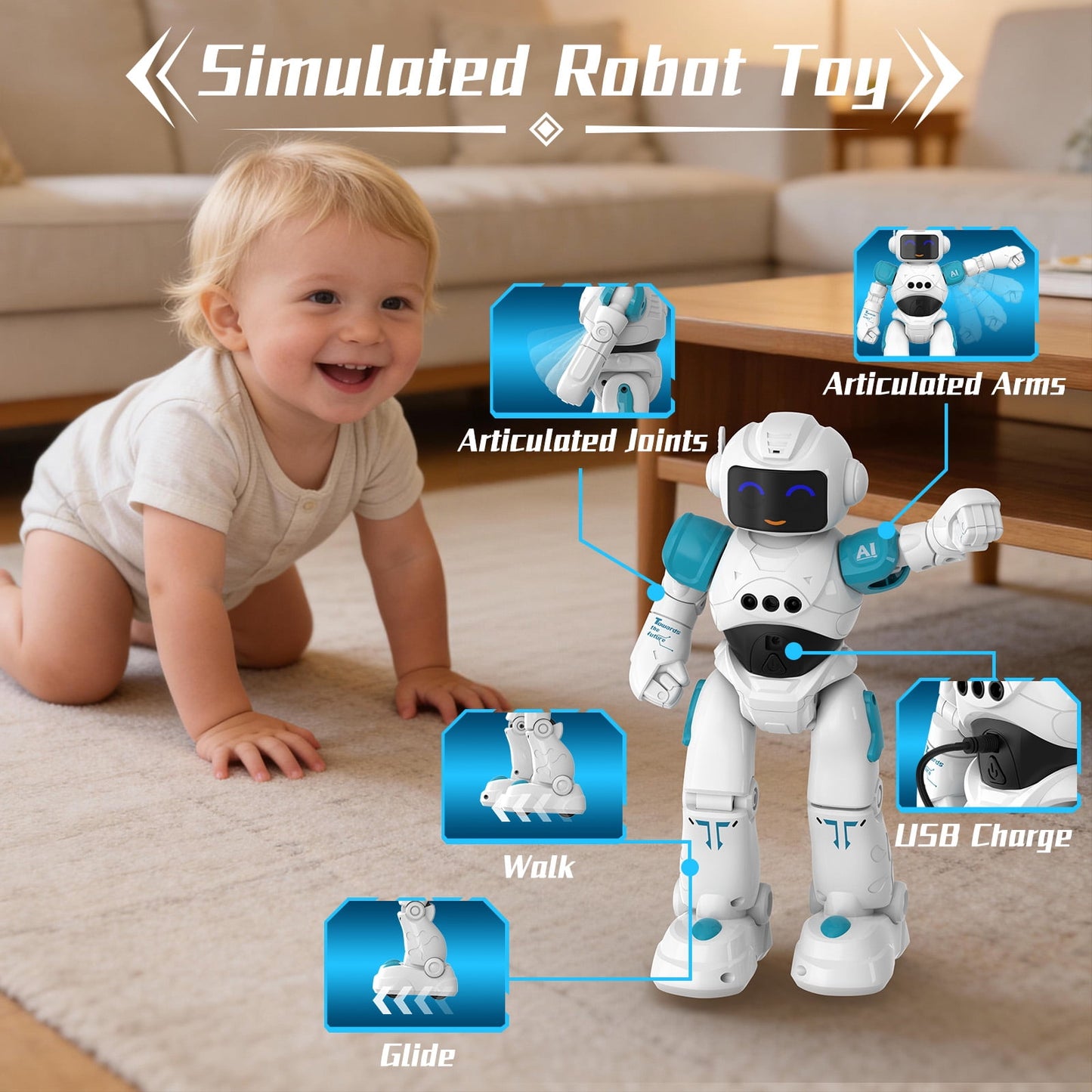 Ficcug Kid Remote Control Intelligent Robot Toys,Smart Talking Voice Emo Robot Toy,Gesture Sensing Programmable,Gifts for Ages 3+ Boys Girls