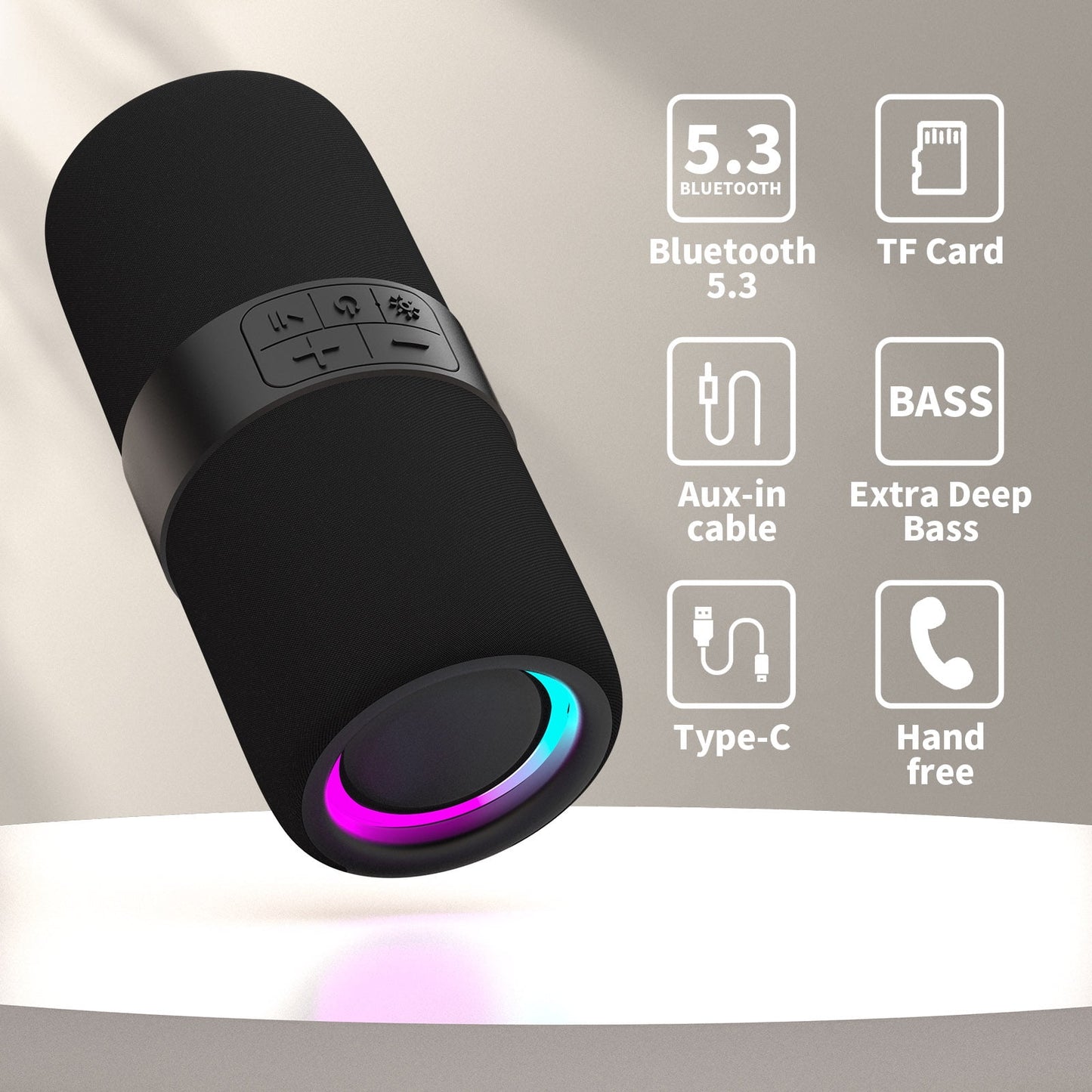 Ficcug Portable Wireless Bluetooth Speaker,Waterproof Speaker with LED Lights / Deep Bass,10H Playtime,TWS Pairing for Outdoor Party,Black