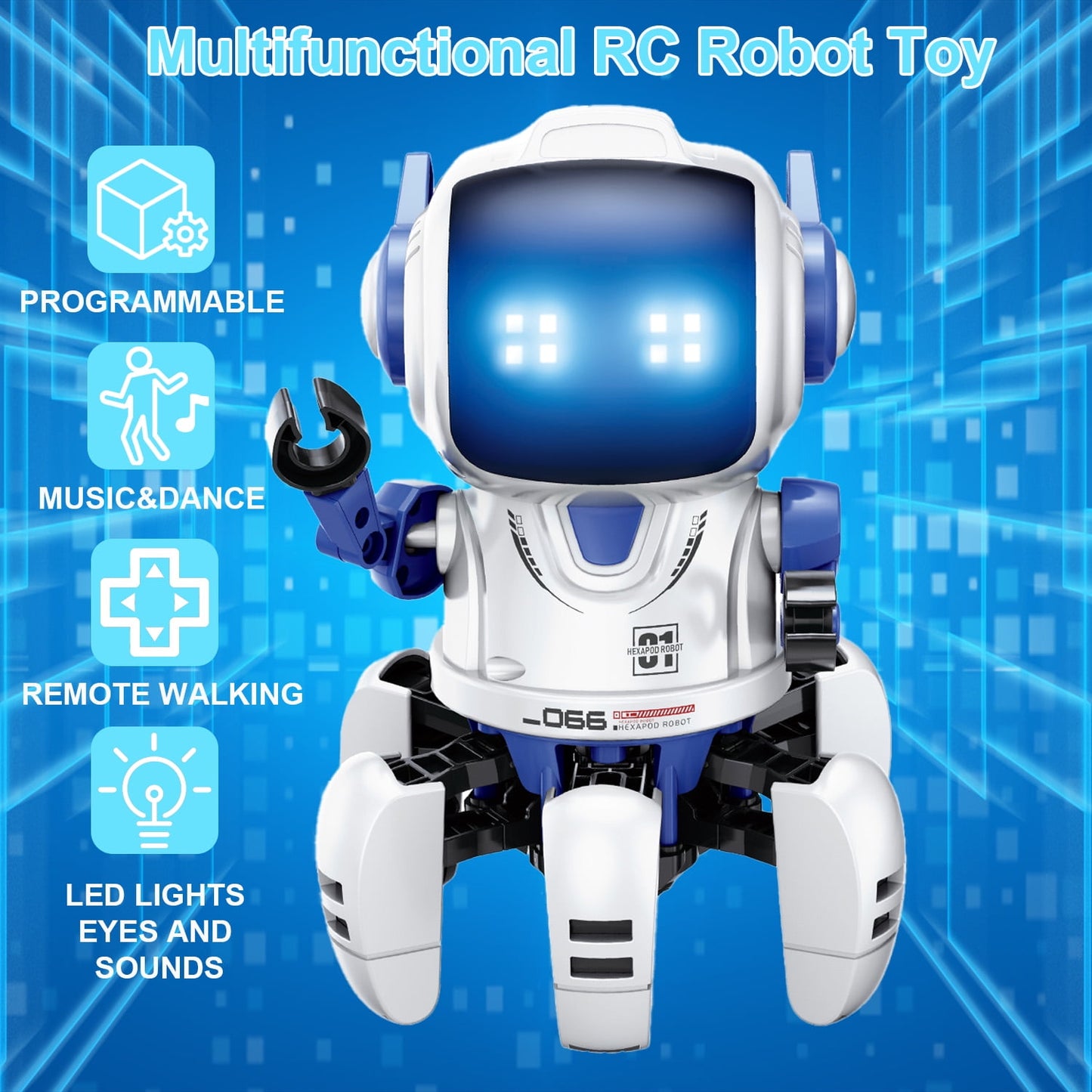 Ficcug Remote Control Robot Toys for Boys,360° Rotation Intelligent Programmable Educational Toys for Girls Kids Toddlers Ages 3-8,Blue