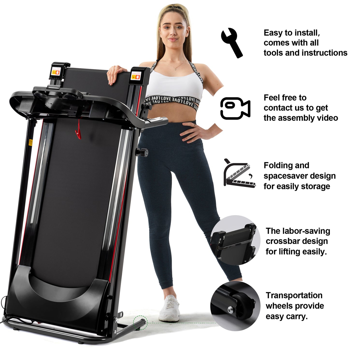Ficcug 2.5HP Folding Treadmill with Incline / Bluetooth Music,Low Noise Electric Portable Small Running Walking Machine,Under Desk Treadmill for Home Jogging Exercise Gym Fitness
