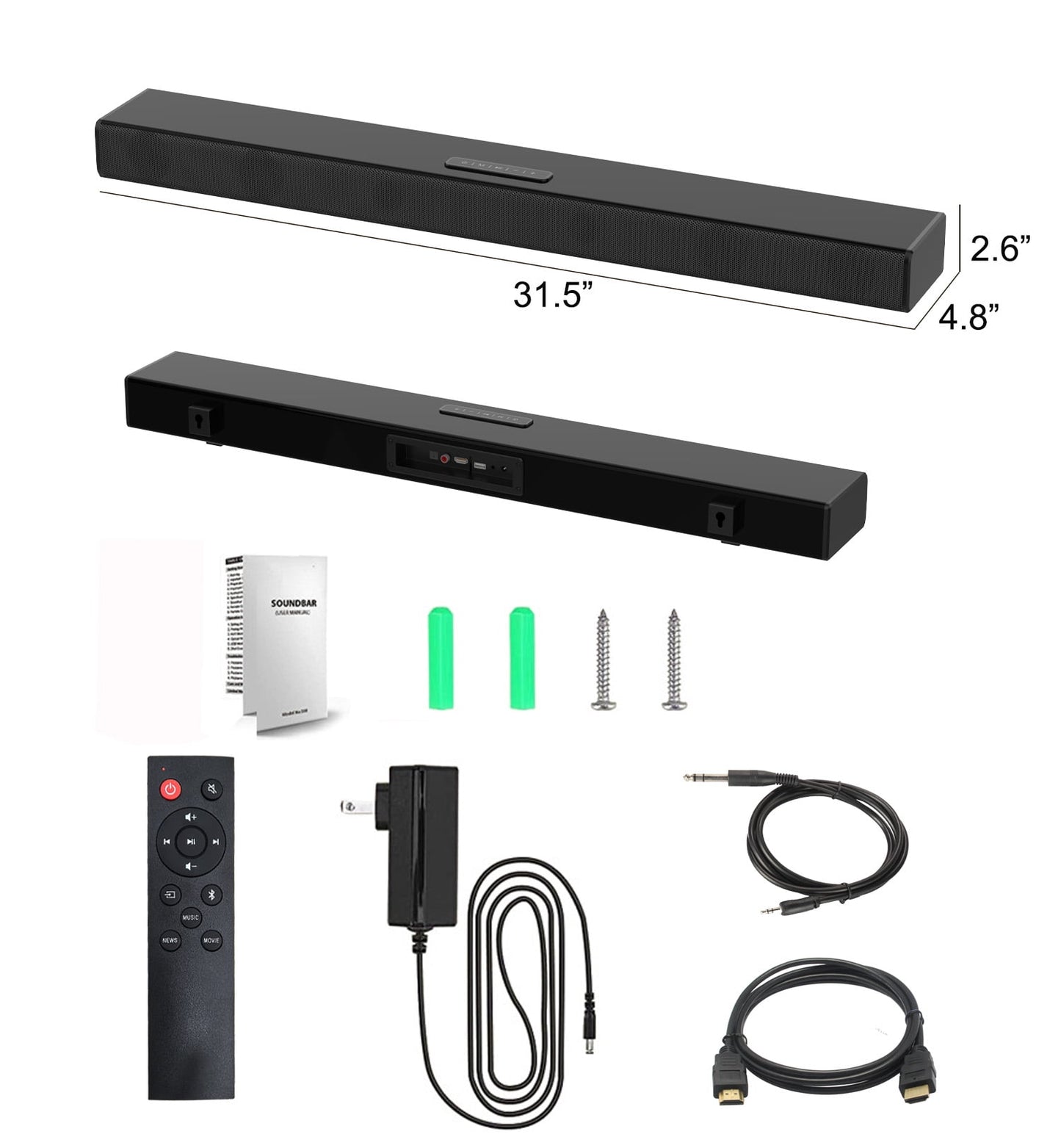 Ficcug 2.0ch 32" TV Sound bars with Remote, Wireless Soundbar with 4 Built-in Speaker / 3EQ Mode, 3D Music Bluetooth Karaoke Speaker System