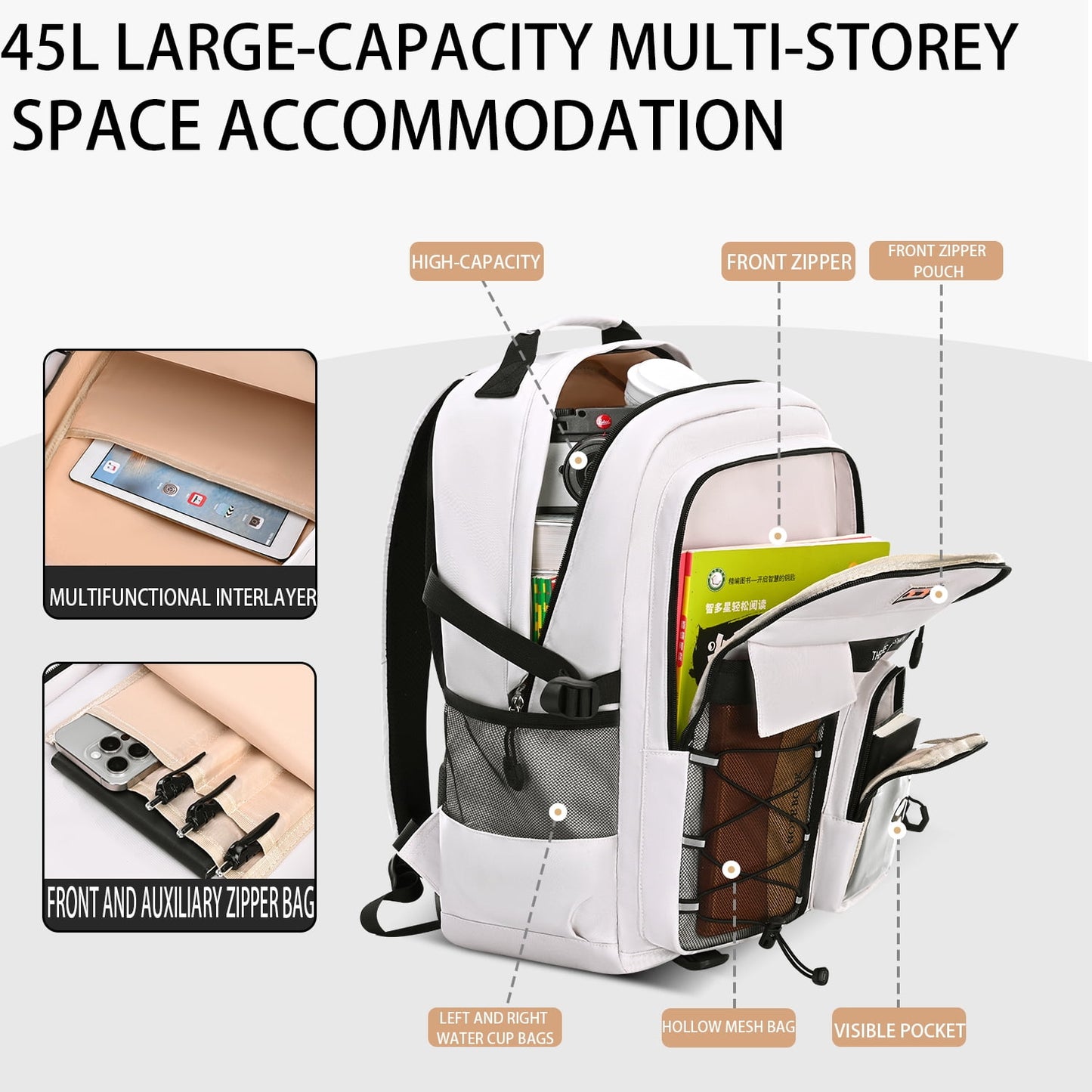 Ficcug School Backpack for 15.6" Laptop,Fashion Waterproof School Bag for Boys Girls Women Men Teens,Middle / High / College Bookbags,off-White