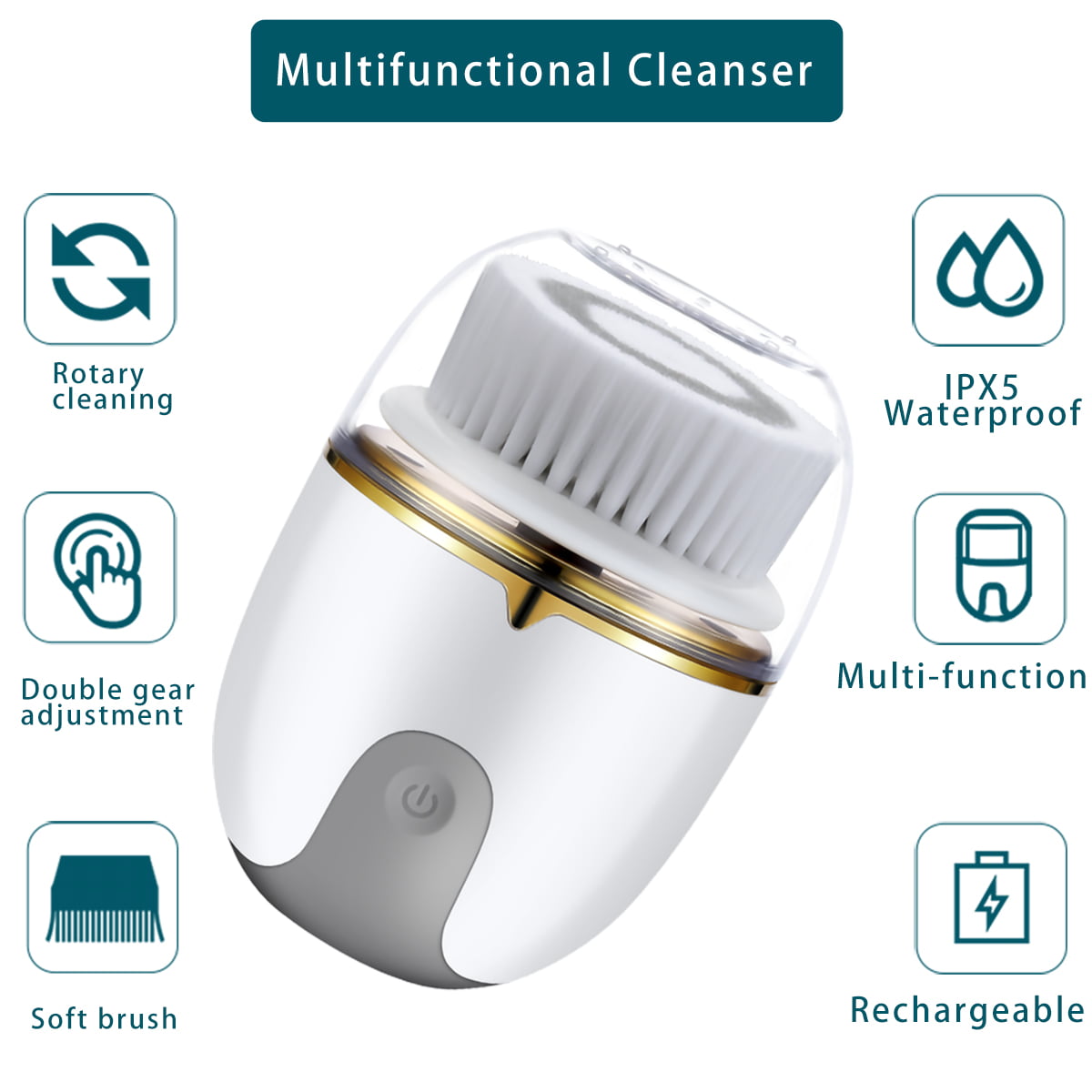Ficcug Mini Facial Cleansing Brush IPX5 Waterproof Electric Spin Facial Brush Rechargeable for Deep Cleansing with 3 Brush Heads,Skin Exfoliating ,Face Brush for Shower and Bath Use