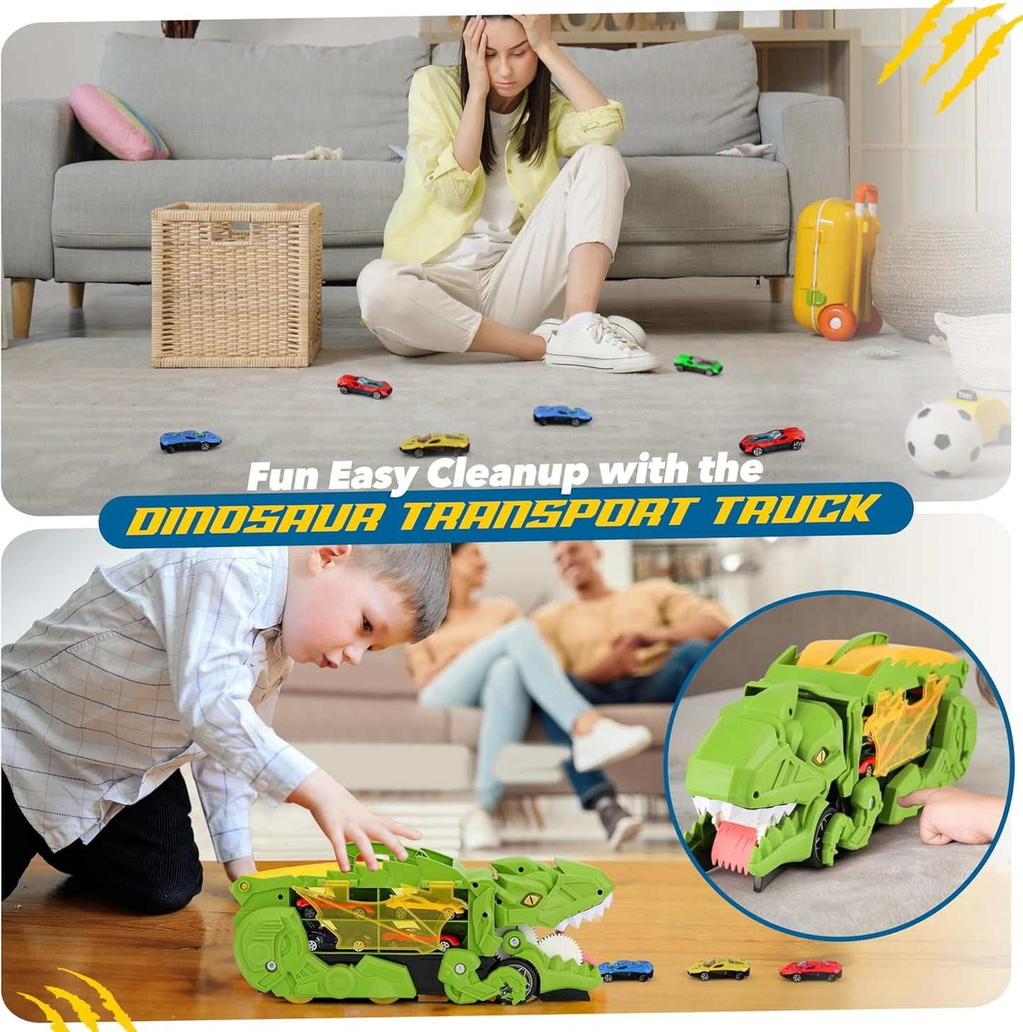 Ficcug Dinosaur Transport Truck Toy with 4 Metal Cars,3-in-1 Dino Hauler with Sliding Race Tracks, Transforms into Triceratops,Gift for Boys Girls Kids Toddlers Ages 3-7