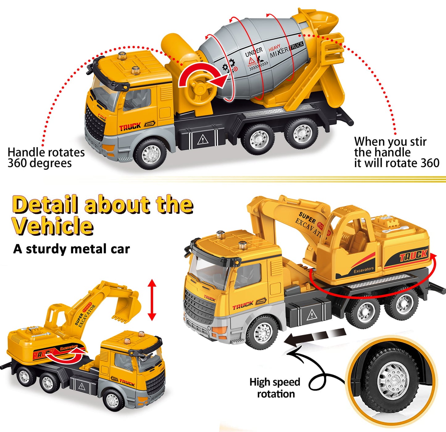 Ficcug 2 Pack Friction Powered Construction Vehicle Toys Trucks,Engineering Excavator Toy Cement Mixer,Pull Back Cars for 3-6 Year Old Boys Girls Toddlers Kids