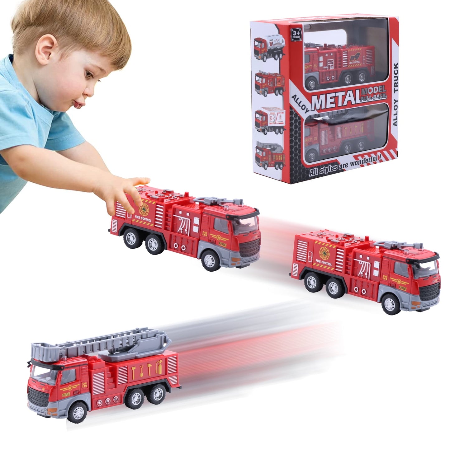 Babyltrl 1/48 Scale Alloy Diecast Model Cars Pull Back Cars Toys,2 Pcs Children Fire Truck Toys for 3+ Year Old Kids Boys Girls Gift,Red