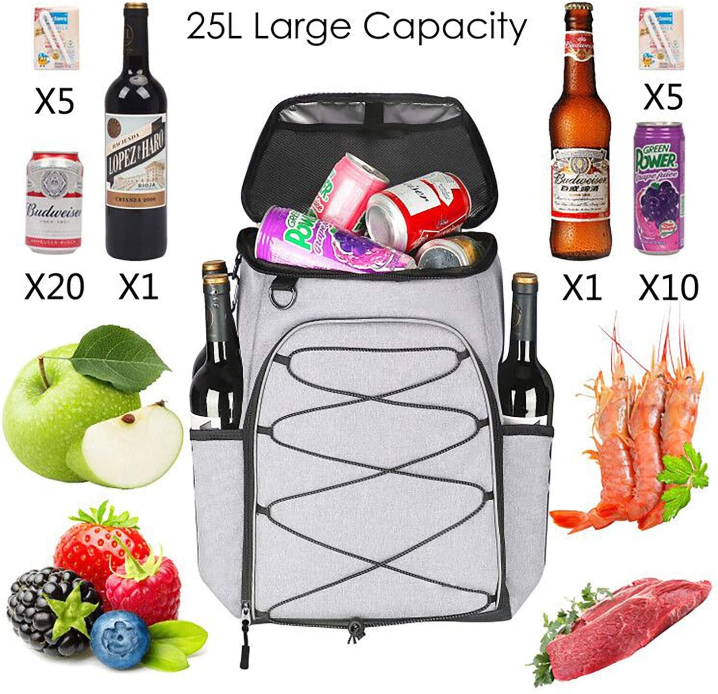 Ficcug Insulated Cooler Backpack 25-30 Cans/L,Waterproof Leakproof Soft Cooler Bag for Travel Camping Hiking Beach Lunch Picnic,Gray