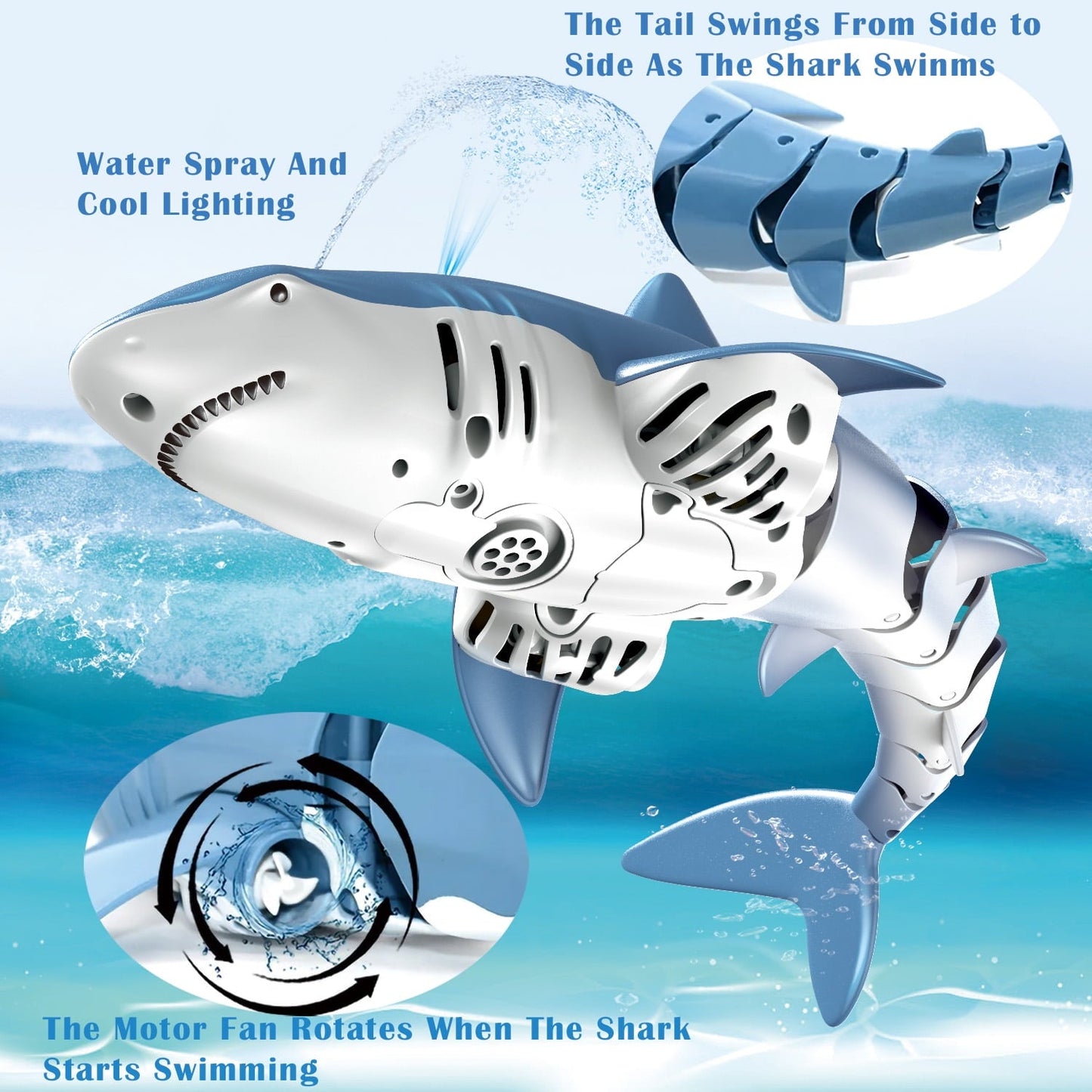 Ficcug Remote Control Shark Toy with Light / Spray, 2.4Ghz RC Boat Water Toys for Swimming Pool Bathroom, Gift for Ages 6+ Boys Girls Kids,Blue