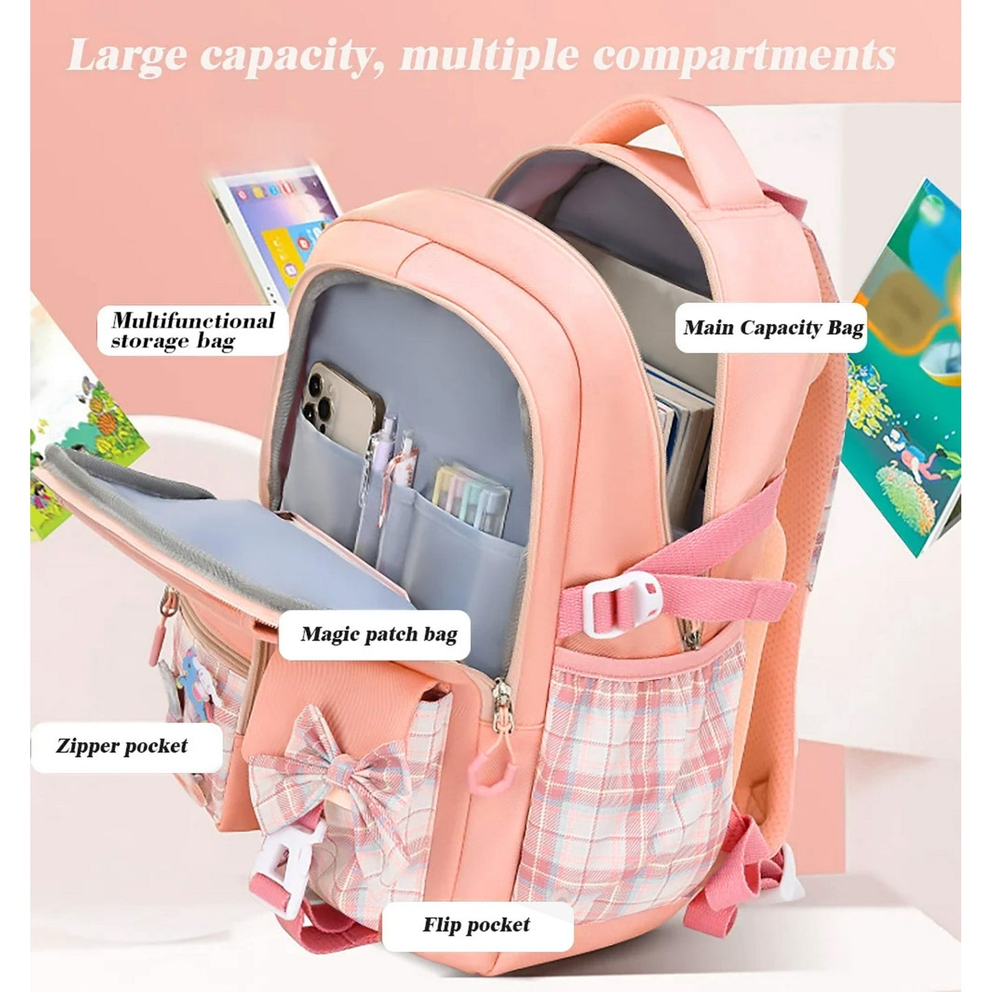 Ficcug Girls School Backpacks,Fashion School Bag for Kids Teens,30L Waterproof Students Bookbags for Elementary Middle,Pink