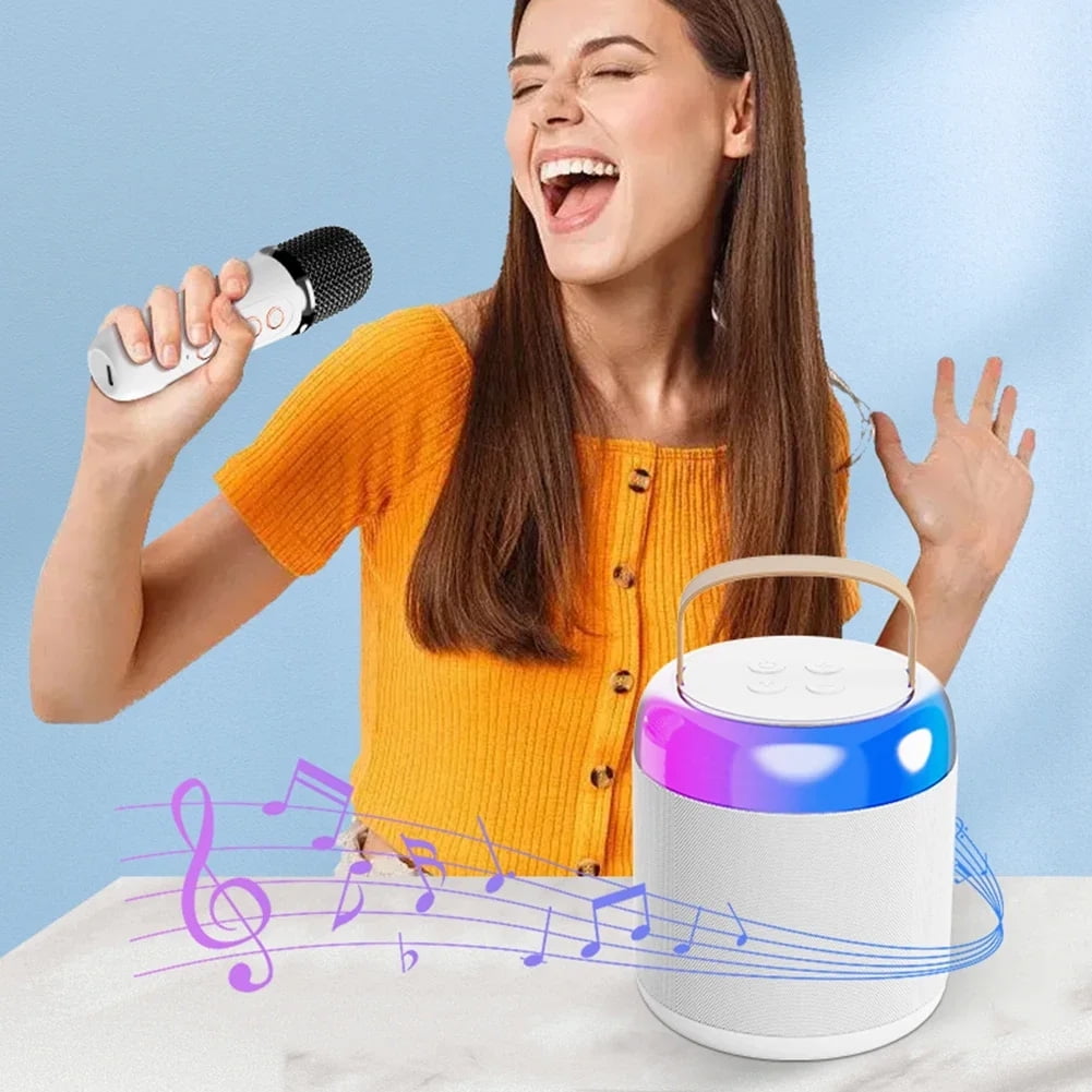 Ficcug Bluetooth Karaoke Machine for Adults and Kids with 2 Wireless Microphone / Colorful Lights,Mini Singing Machine Portable Speaker System for Birthday Christmas Gift,White