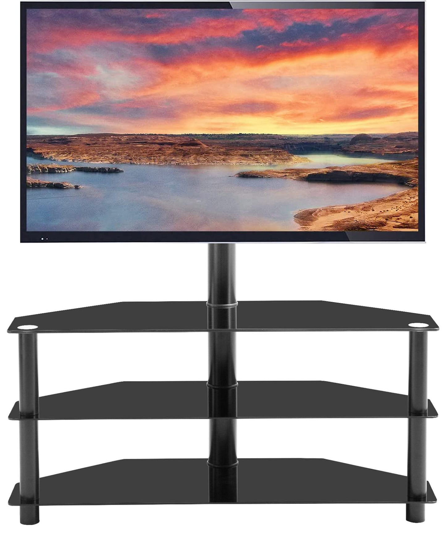 Ficcug Modern Floor TV Stand with Mount Height Angle Adjustable for TVs up to 65",Black Metal Swivel TV Shelf 3 Tier for Multiple Media Device