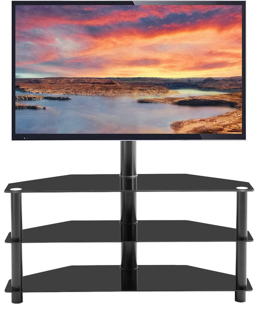 Ficcug Modern Floor TV Stand with Mount Height Angle Adjustable for TVs up to 65",Black Metal Swivel TV Shelf 3 Tier for Multiple Media Device
