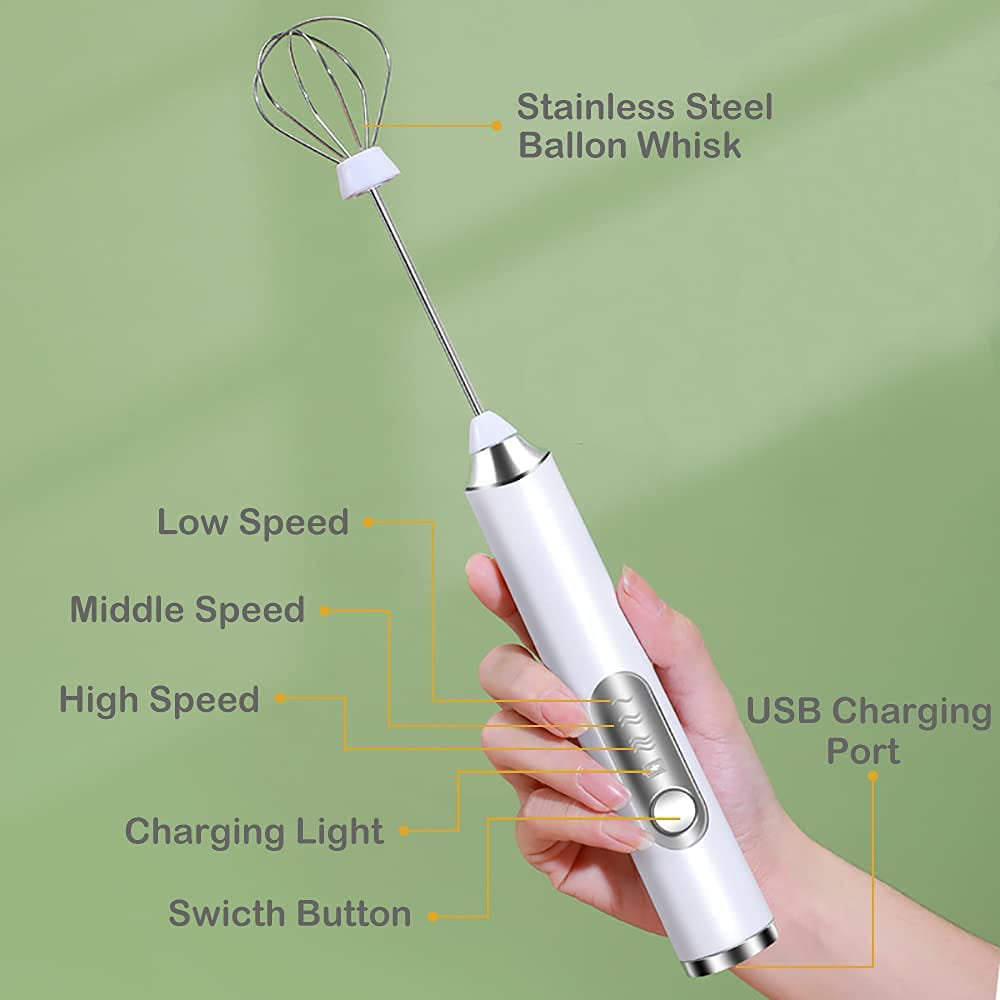 Ficcug Electric Milk Frother Handheld Coffee Frother,Mini Drink Mixer Foam Maker Egg Beater with 2 Whisks for Latte (White)