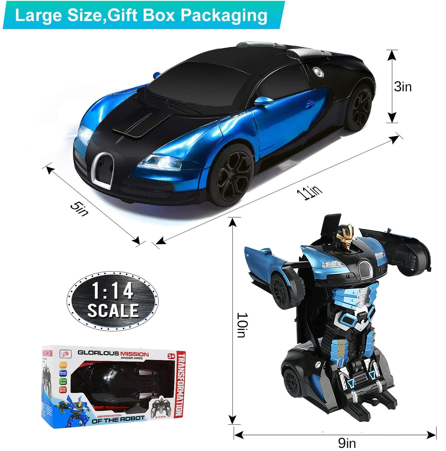 Ficcug Remote Control Transforming Car Robot Toys,2.4GHz 1/14 Scale Transform RC Cars Toys with LED Lights / Sounds / Gesture Sensing for Kids Boys Girls Birthday Christmas Gifts