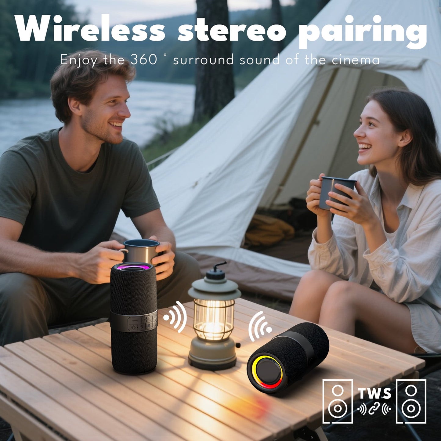 Ficcug Portable Wireless Bluetooth Speaker,Waterproof Speaker with LED Lights / Deep Bass,10H Playtime,TWS Pairing for Outdoor Party,Black