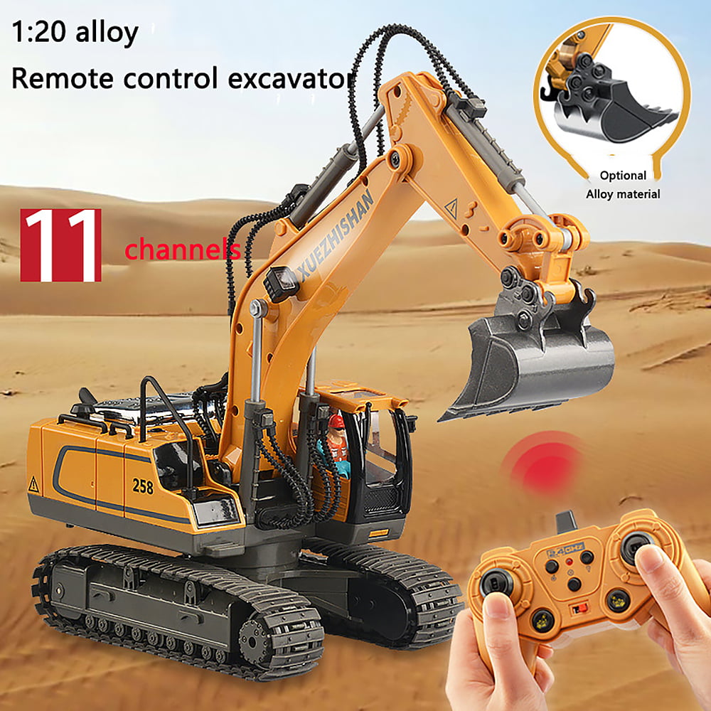 Ficcug Remote Control Excavator 11 Channel Rechargeable RC Truck Construction Tractor Car Toys with Alloy Shovel / Lights / Sounds,Toy Gift for 3-5 4-7 8-12 Boys Girls Kids