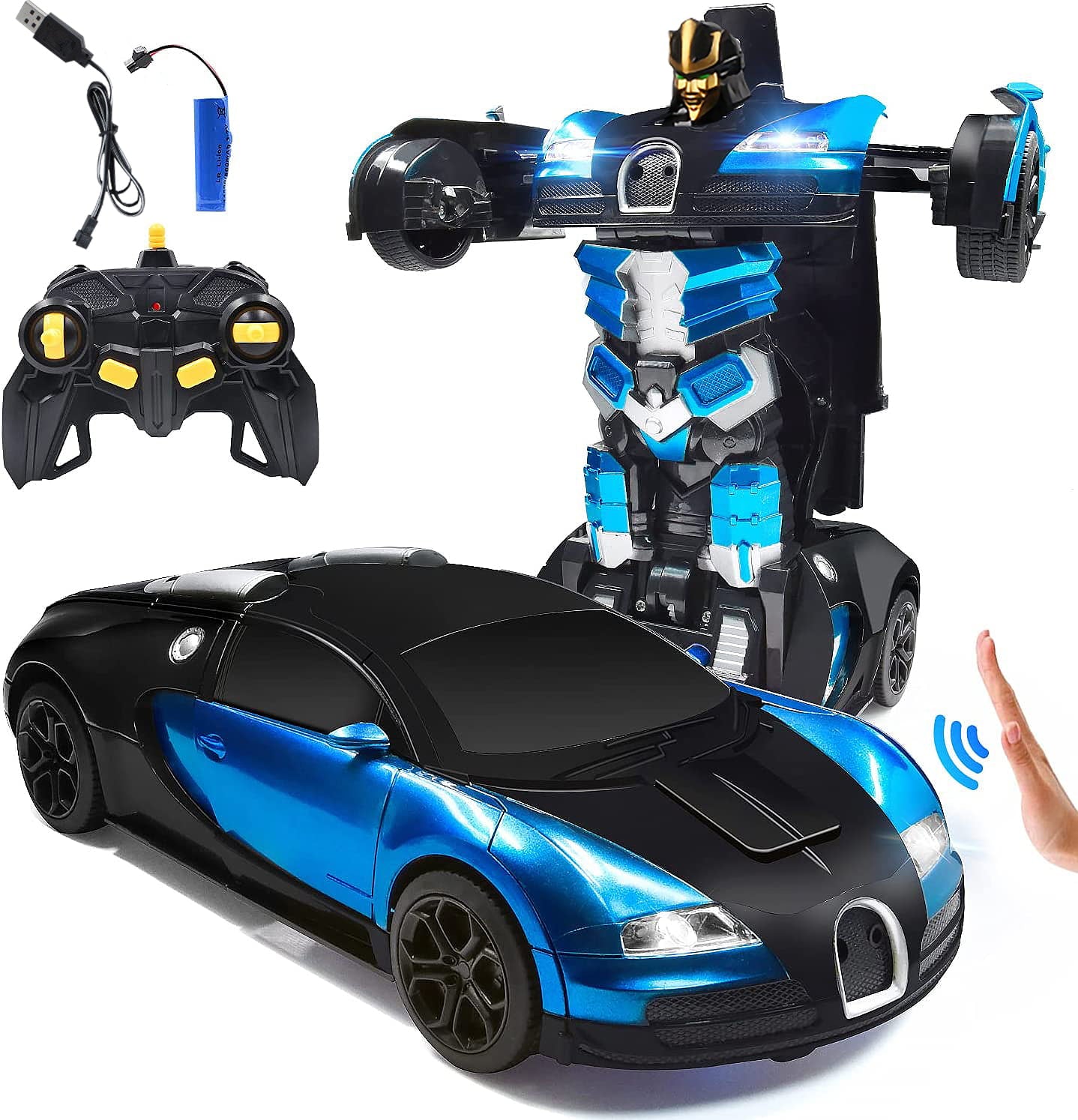 Ficcug Remote Control Transforming Car Robot Toys,2.4GHz 1/14 Scale Transform RC Cars Toys with LED Lights / Sounds / Gesture Sensing for Kids Boys Girls Birthday Christmas Gifts