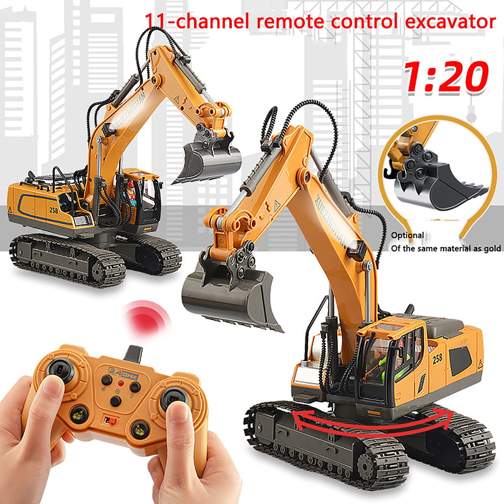 Ficcug Remote Control Excavator 11 Channel Rechargeable RC Truck Construction Tractor Car Toys with Alloy Shovel / Lights / Sounds,Toy Gift for 3-5 4-7 8-12 Boys Girls Kids