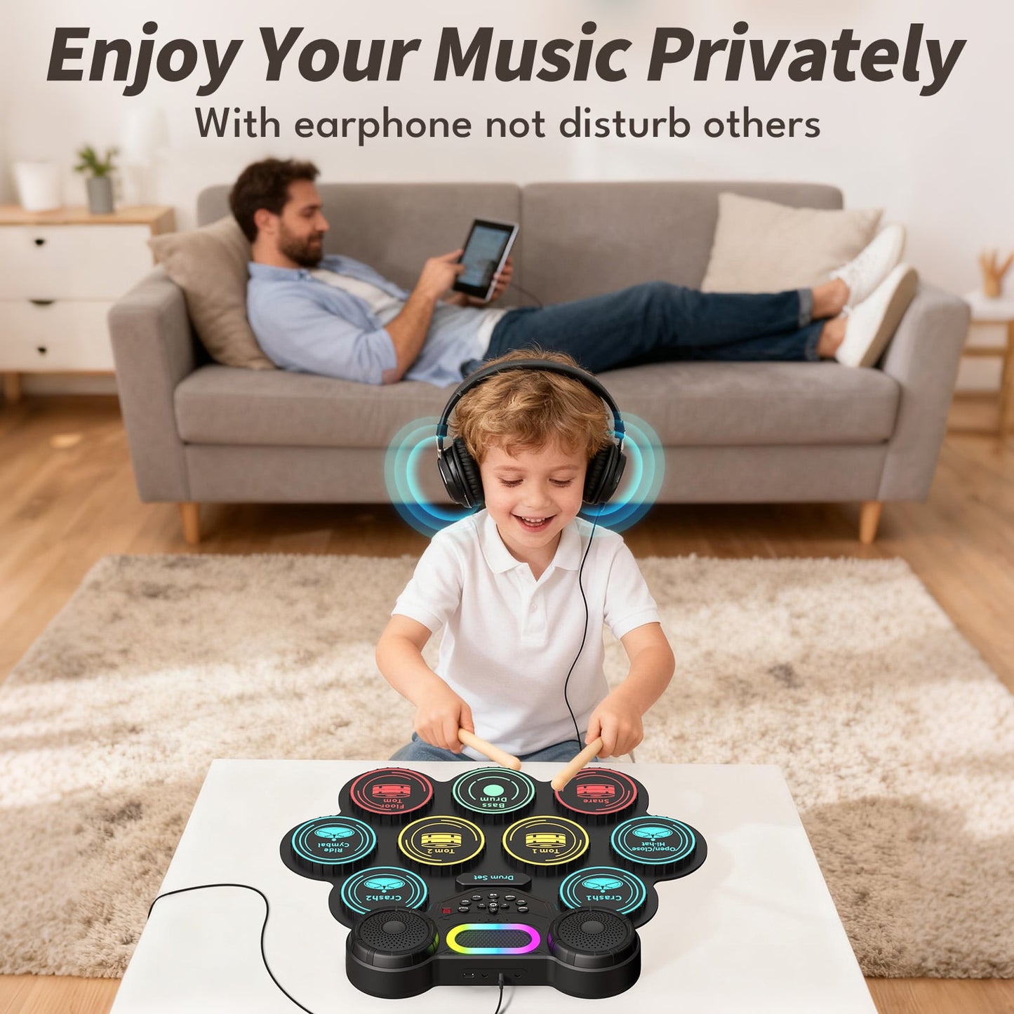 Ficcug Electronic Drum Set for Kids Adults,9 Pads Portable MIDI Roll-up Drum Kit with Dual Speakers / Headset Jack / Drumsticks / Foot Pedals,for Beginners
