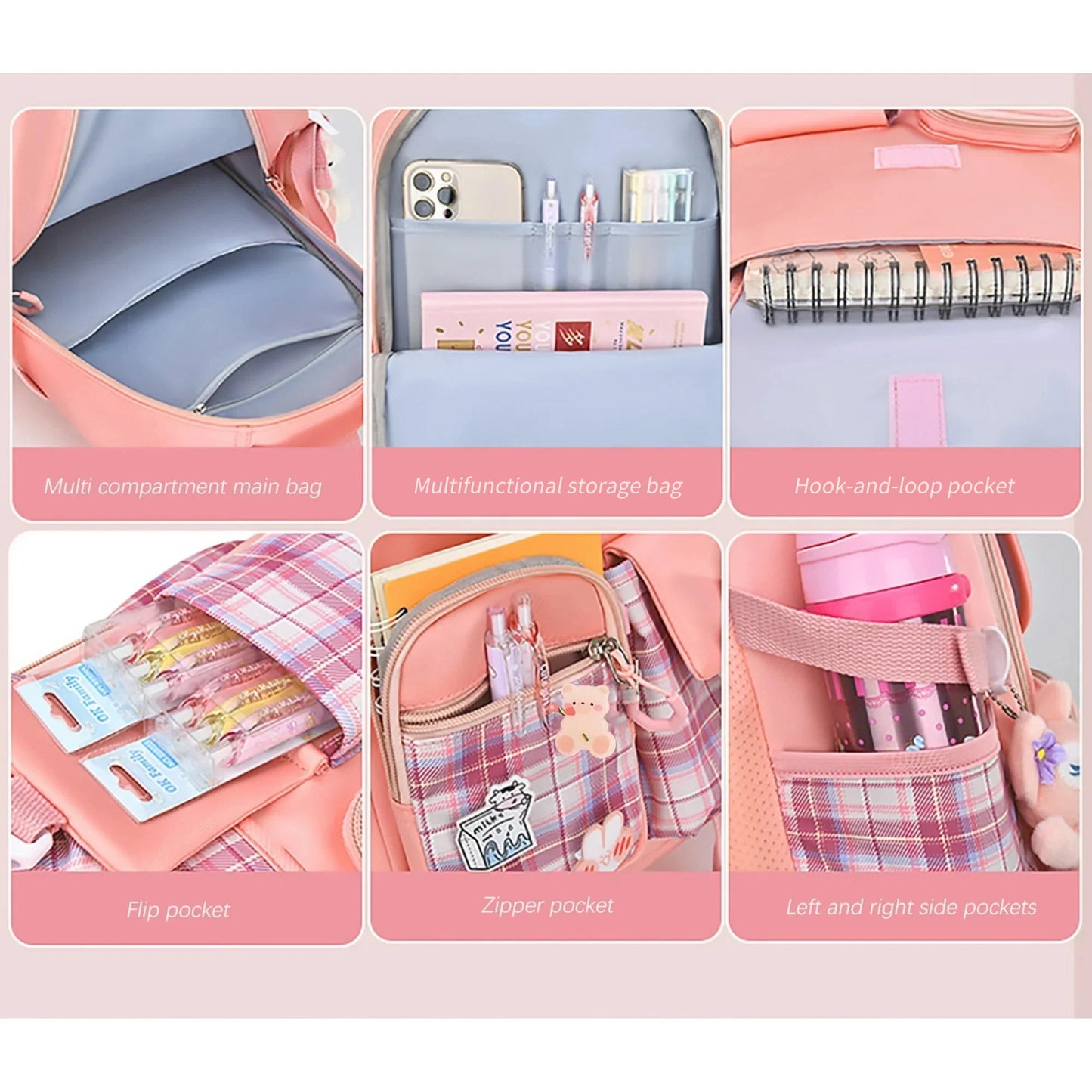 Ficcug Girls School Backpacks,Fashion School Bag for Kids Teens,30L Waterproof Students Bookbags for Elementary Middle,Pink