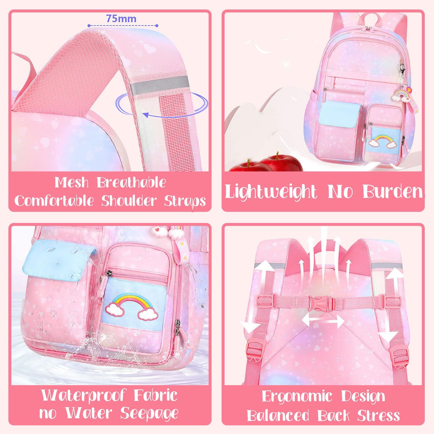 Ficcug School Bag Backpacks for Girls,Shoulder Children School Bookbags for Kids,Primary School Season Gift,Pink