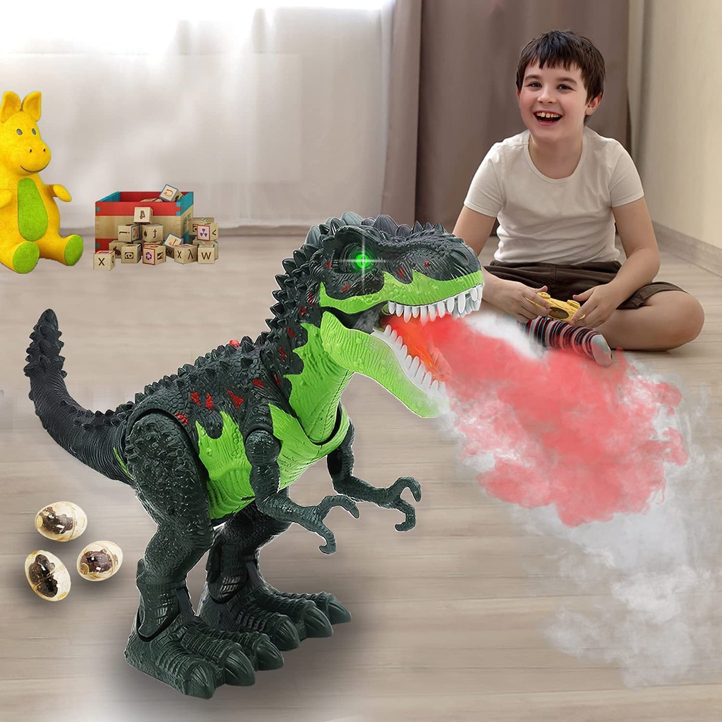 Ficcug Remote Control Dinosaur Robot Toys for Kids 3-5,Realistic Walking Electronic Dinosaur Pet with Spray Roaring,RC Toy for Age 3-12 Boys Girls