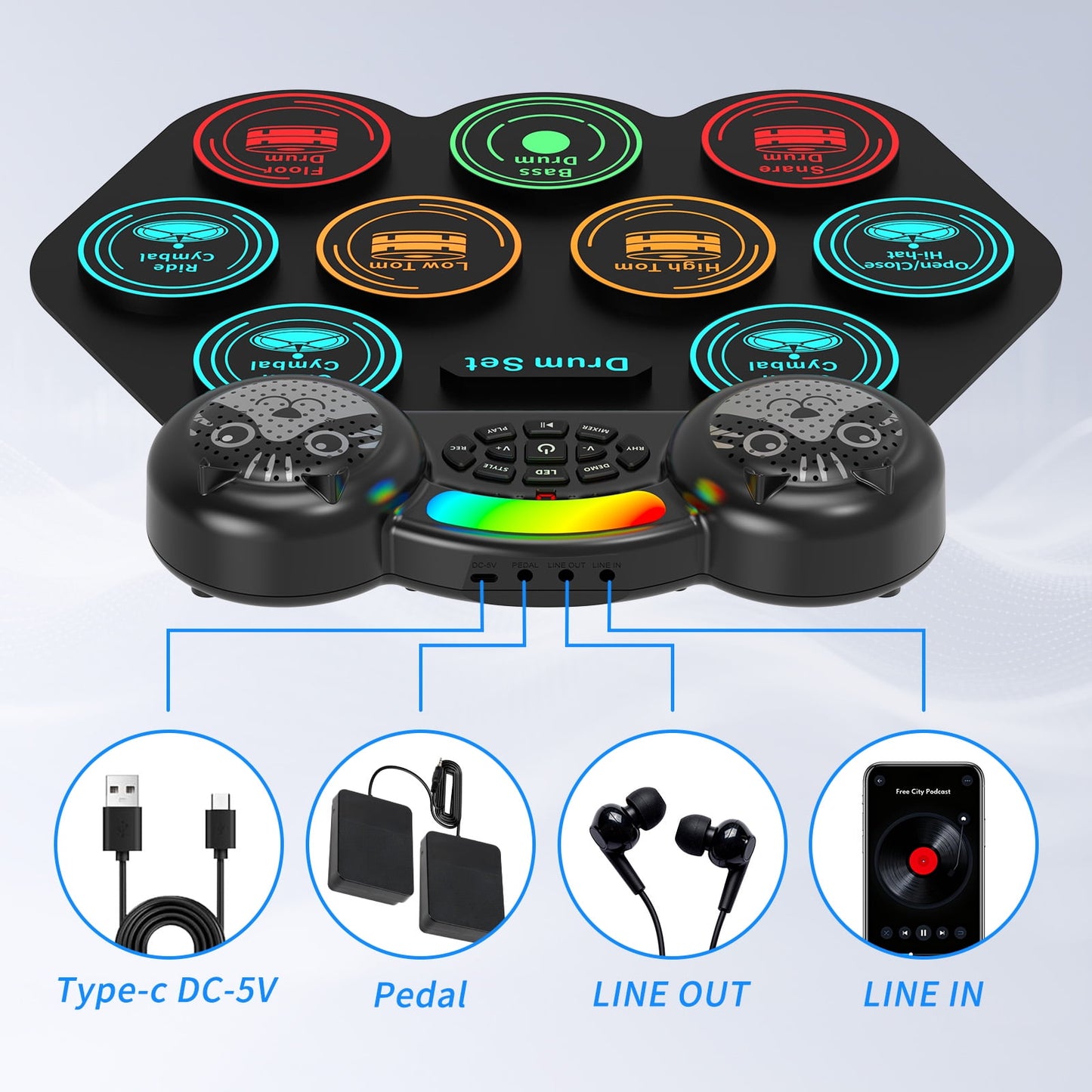 Ficcug Electronic Drum Set for Kids Adults,9 Pads Portable MIDI Roll-up Drum Kit with Dual Speakers / Headset Jack / Drumsticks / Foot Pedals,for Beginners