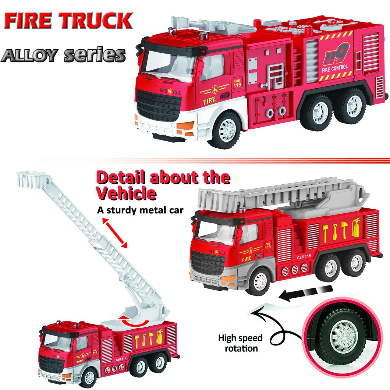 Babyltrl 1/48 Scale Alloy Diecast Model Cars Pull Back Cars Toys,2 Pcs Children Fire Truck Toys for 3+ Year Old Kids Boys Girls Gift,Red