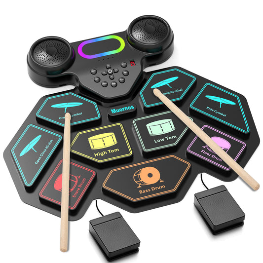MUORNOS Electronic Drum Set for Kids Adults,9 Pads Roll-up Drum Kit for Beginners with Dual Speakers,Headset Jack,Drumsticks,Foot Pedals