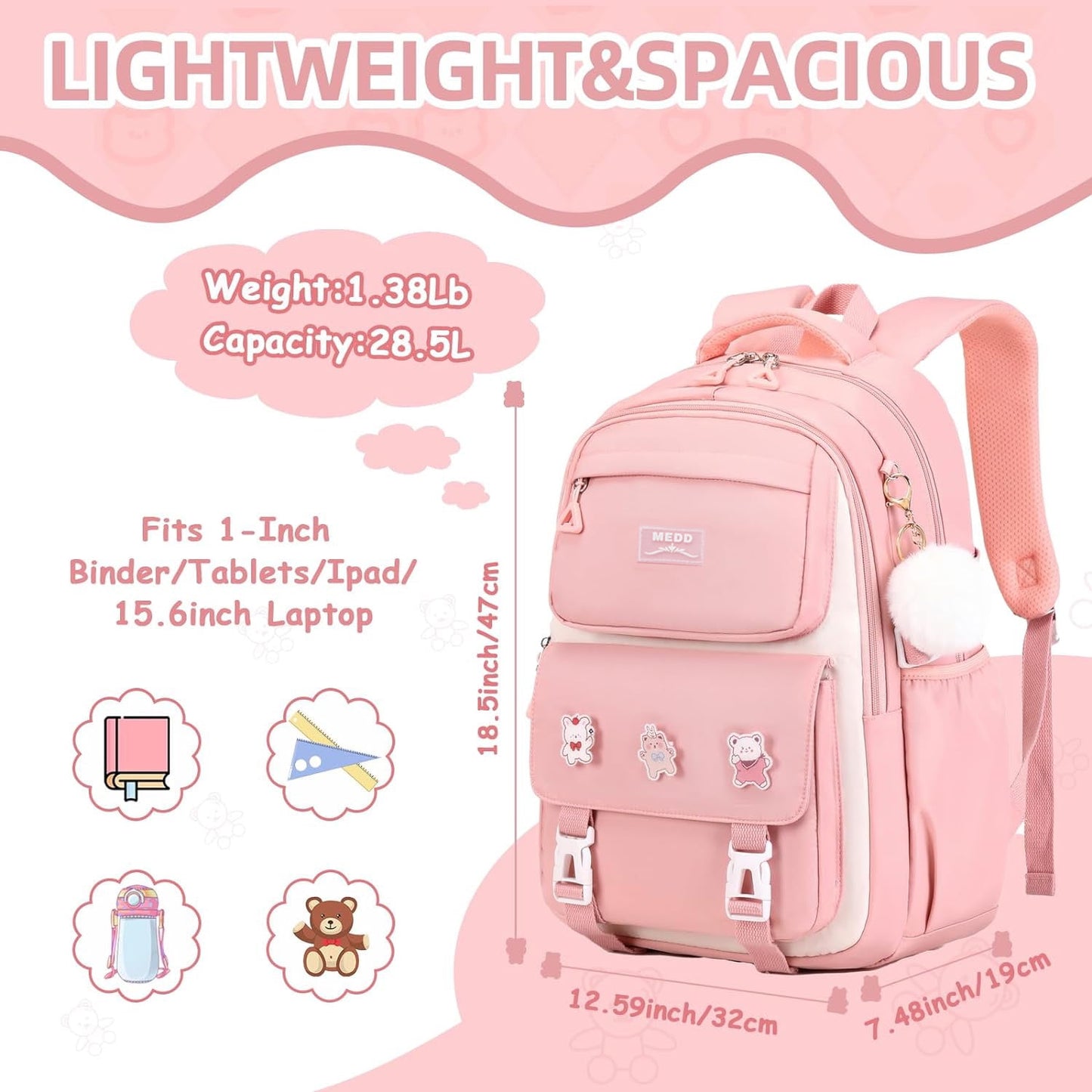 Ficcug School bags for Girls,15.6" Laptop Backpacks Lightweight Travel Bookbags for Kids Teens Women,Pink