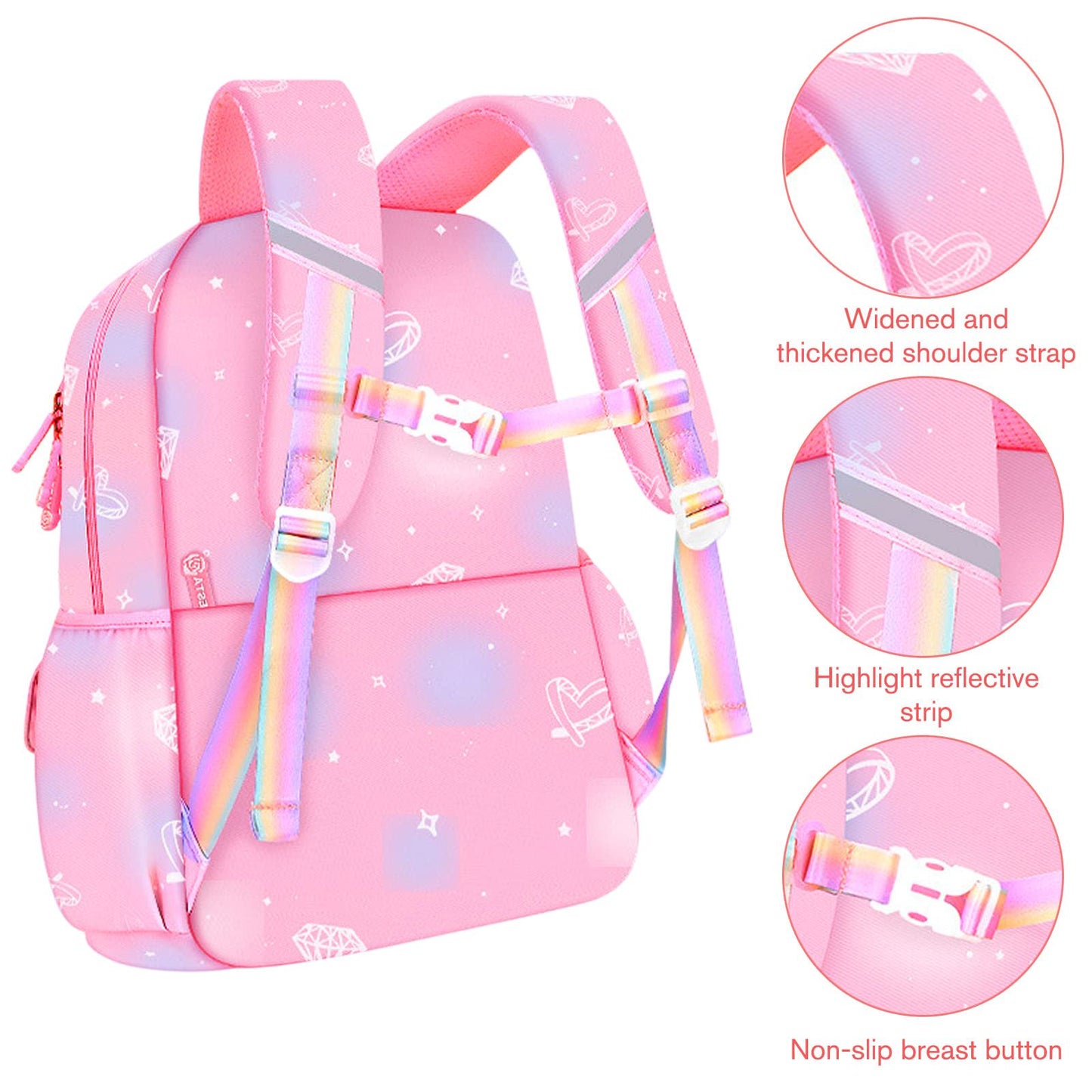 Ficcug Girls Backpack Elementary School Backpacks Cute Preschool Middle School Bag Kids Bookbag,Pink