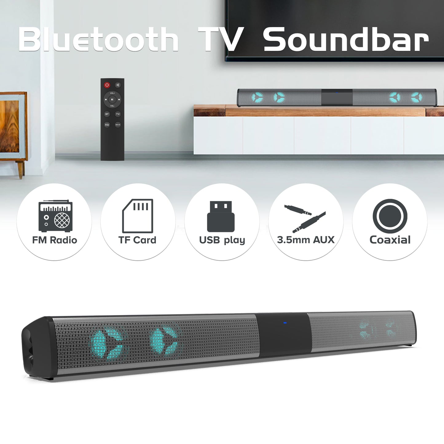 Ficcug 2.0 22" TV Sound bar with RGB Light / Subwoofers, 3D Stereo Surround Wireless Bluetooth Soundbar Speaker