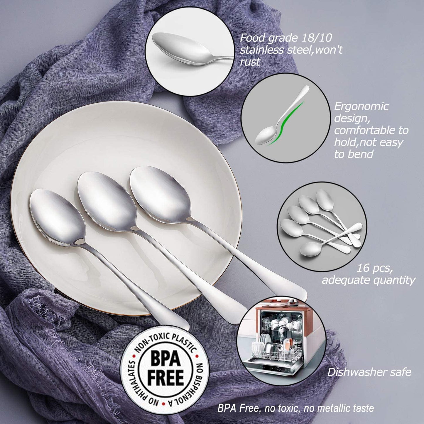 Ficcug 10pcs Food-Grade Stainless Steel Dinner Spoons Sets for Home Kitchen Restaurant,Mirror Polished,Dishwasher Safe