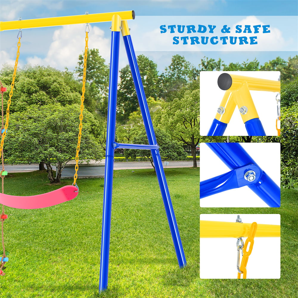 Ficcug 3 in 1 Metal Swing Sets for Kids with Climbing Ladder,Heavy Duty Swing Stand for Outside Backyard Playground