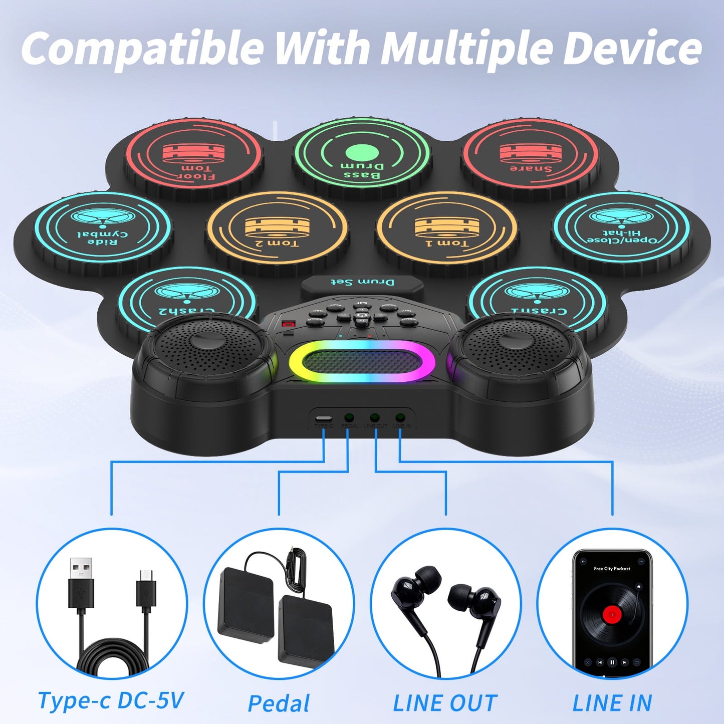Ficcug Electronic Drum Set for Kids Adults,9 Pads Portable MIDI Roll-up Drum Kit with Dual Speakers / Headset Jack / Drumsticks / Foot Pedals,for Beginners