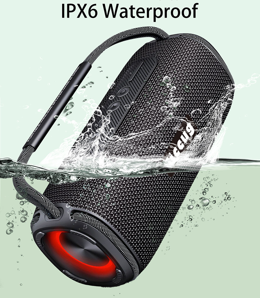 Ficcug Waterproof Portable Wireless Bluetooth Speaker,20W Small Speaker with TWS Pairing | Deep Bass | LED Lights,Outdoor Party Speaker,Black