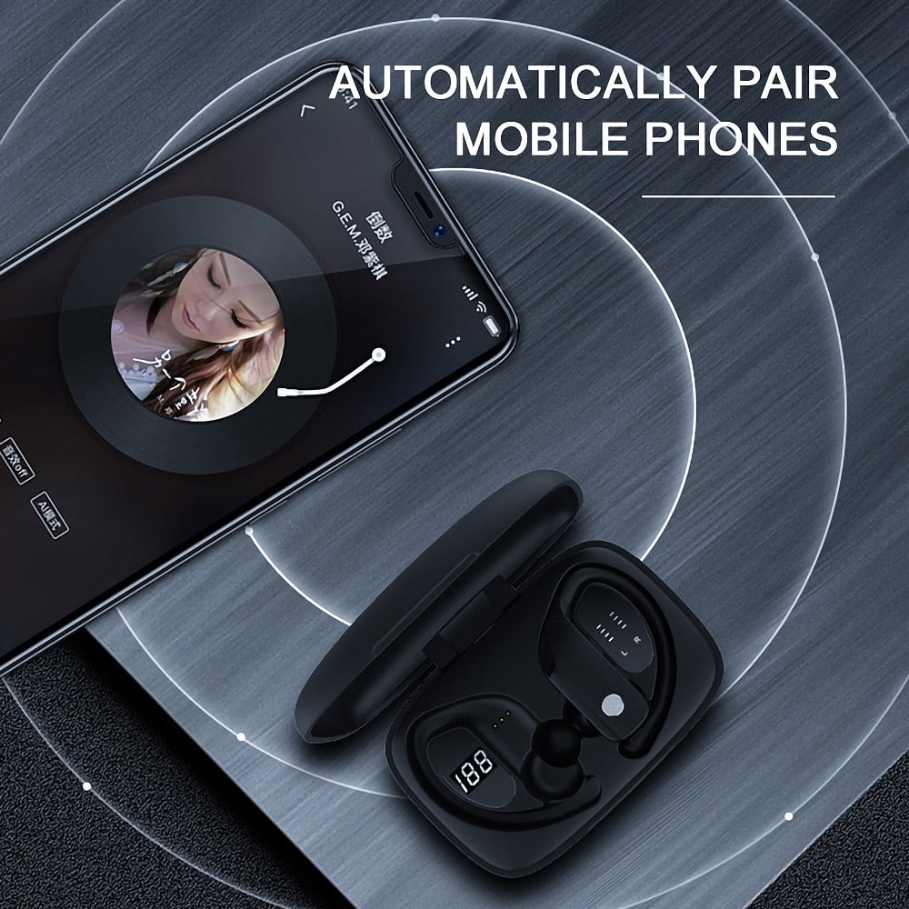 Ficcug Wireless Earbuds TWS Bluetooth 5.0 Headphones 48H Play Back Earphones in Ear Waterproof with Microphone LED Display for Sports Running Workout Black