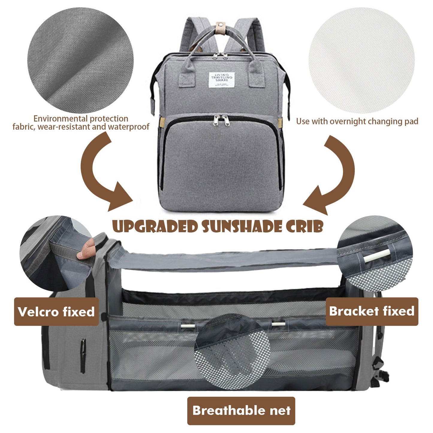 Ficcug Diaper Bag Backpacks,Waterproof Large Baby Nappy Bag with Baby Bed for Boys Girls,Unisex Baby Travel Portable Baby Changing Bag for Mom Dad,Gray