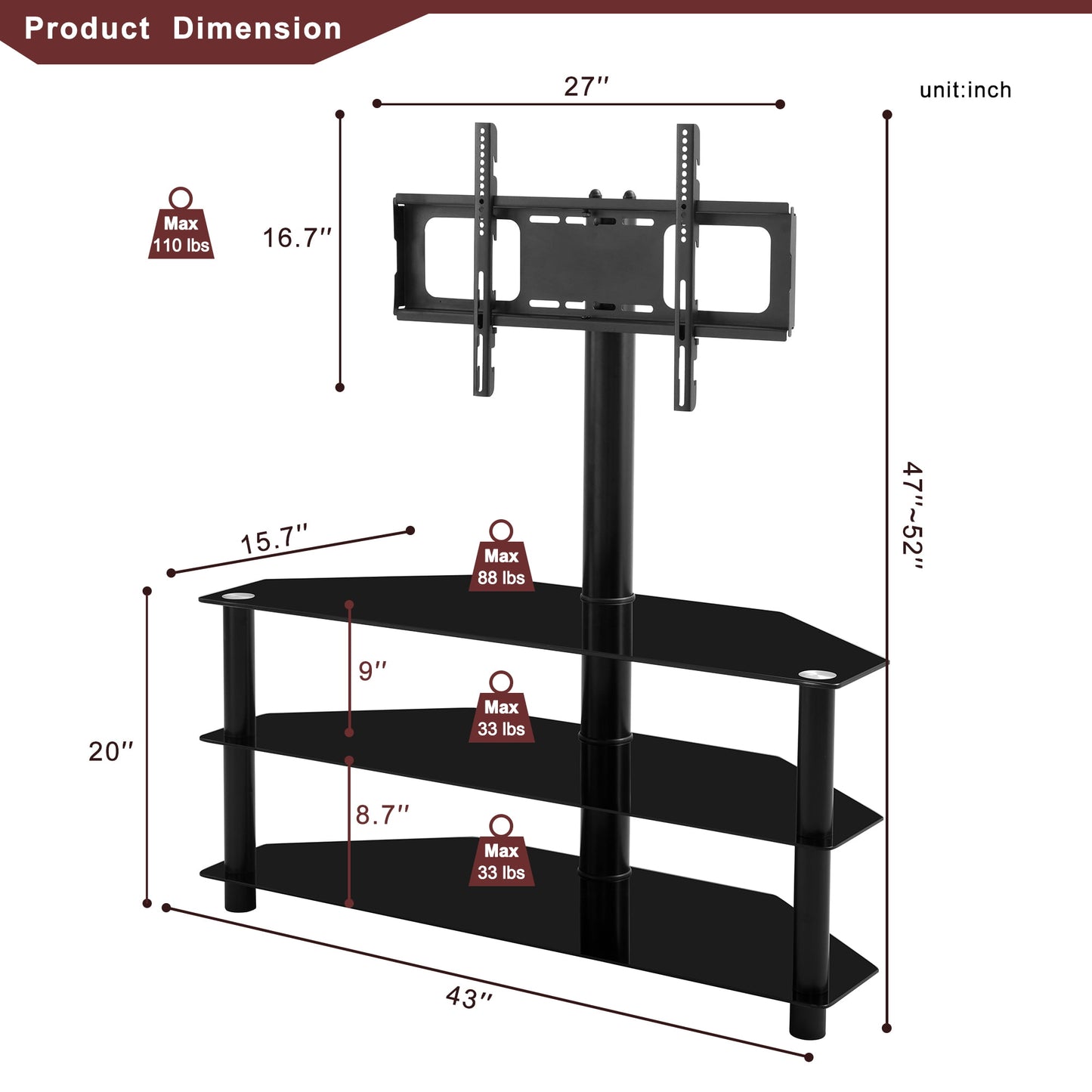 Ficcug Modern Floor TV Stand with Mount Height Angle Adjustable for TVs up to 65",Black Metal Swivel TV Shelf 3 Tier for Multiple Media Device