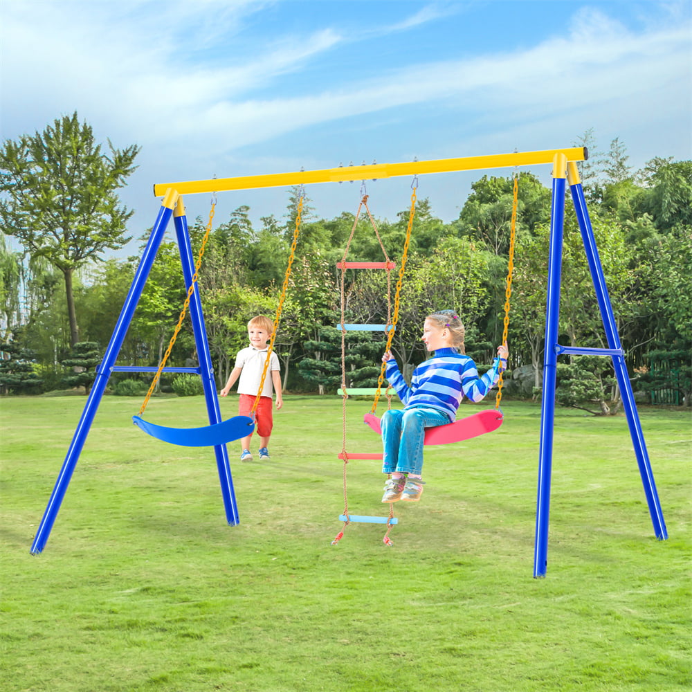 Ficcug 3 in 1 Metal Swing Sets for Kids with Climbing Ladder,Heavy Duty Swing Stand for Outside Backyard Playground