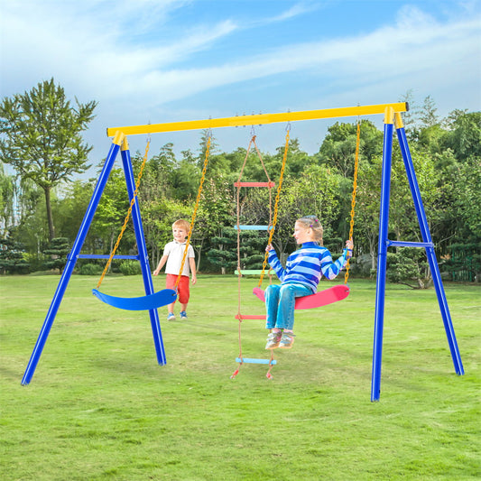 Ficcug 3 in 1 Metal Swing Sets for Kids with Climbing Ladder,Heavy Duty Swing Stand for Outside Backyard Playground