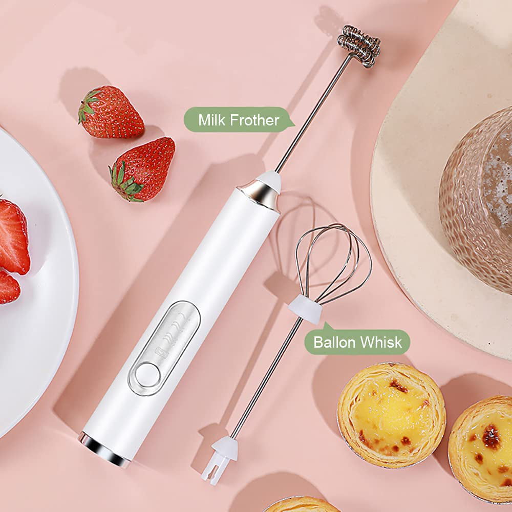 Ficcug Electric Milk Frother Handheld Coffee Frother,Mini Drink Mixer Foam Maker Egg Beater with 2 Whisks for Latte (White)