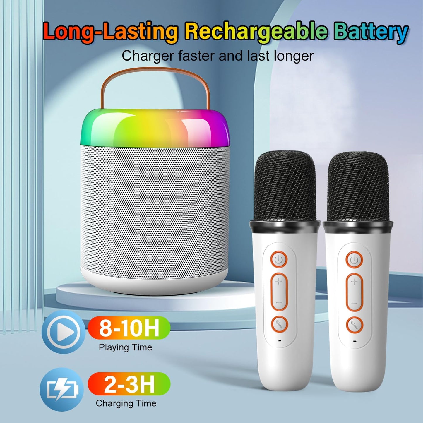 Ficcug Bluetooth Karaoke Machine for Adults and Kids with 2 Wireless Microphone / Colorful Lights,Mini Singing Machine Portable Speaker System for Birthday Christmas Gift,White