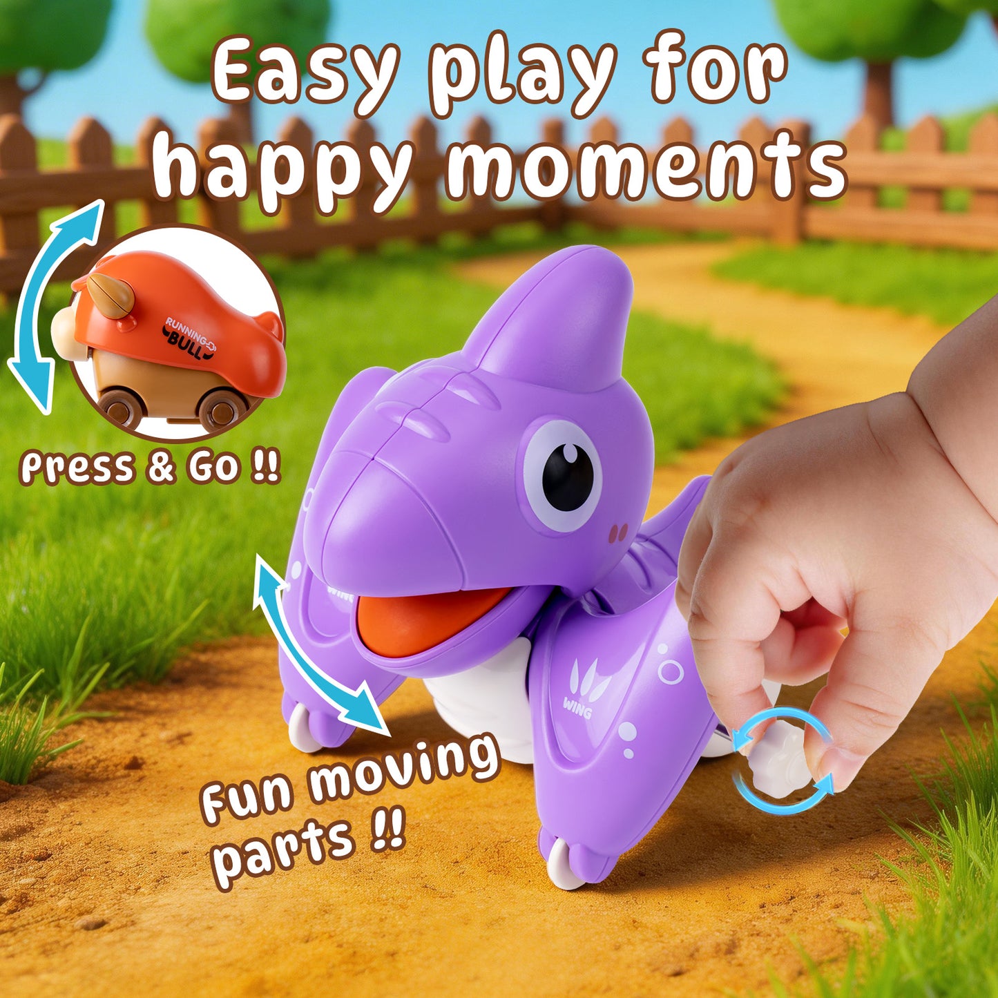 Ficcug 6pcs Press and Go Animal Toy Cars for Toddlers 1-3,Dinosaur Push and Go Friction Powered Vehicles,Baby Toys for 6-12 12-18 Months Boys Girls