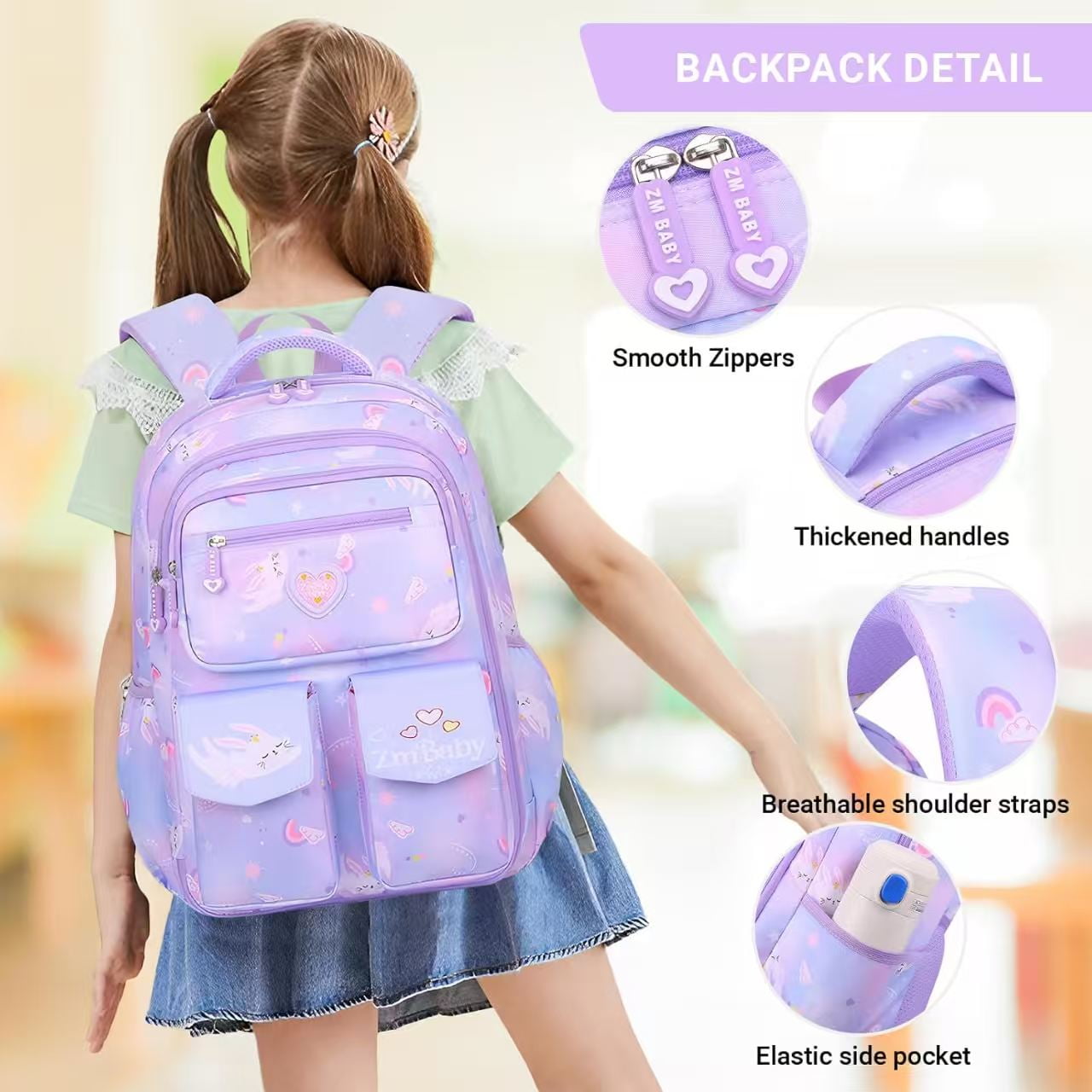 Ficcug School Backpack Girls School Bag,25L Wear-Resistant Lightweight Kids Backpacks Fashion Waterproof Bookbag,Purple