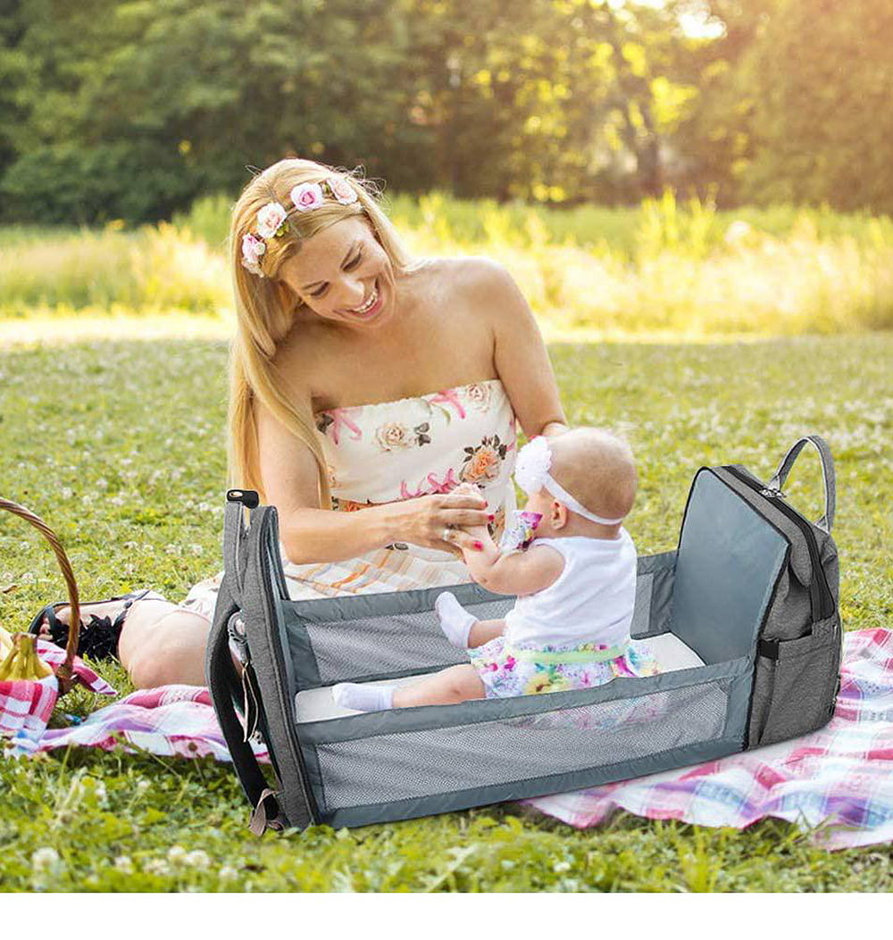 Ficcug Diaper Bag Backpacks,Waterproof Large Baby Nappy Bag with Baby Bed for Boys Girls,Unisex Baby Travel Portable Baby Changing Bag for Mom Dad,Gray