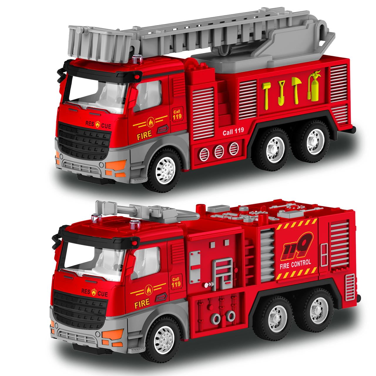 Babyltrl 1/48 Scale Alloy Diecast Model Cars Pull Back Cars Toys,2 Pcs Children Fire Truck Toys for 3+ Year Old Kids Boys Girls Gift,Red