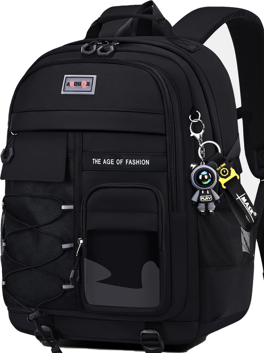 Ficcug School Backpack for 15.6" Laptop,Fashion Waterproof School Bag for Boys Girls Women Men Teens,Middle / High / College Bookbags,Black